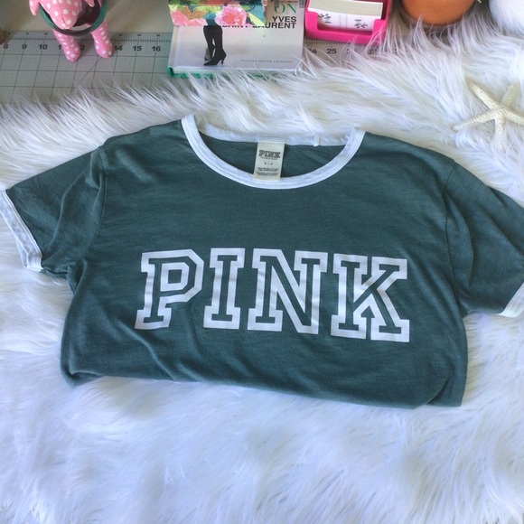Pink short sleeve logo grayish green top size small - Picture 4 of 6